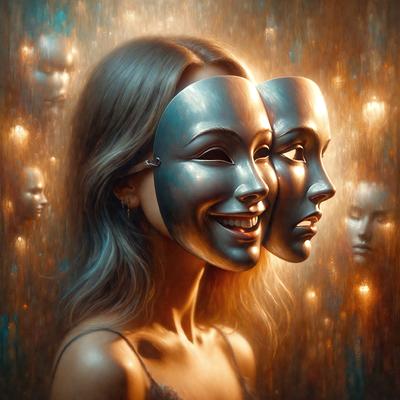 The primary subject of the image is a woman wearing a mask. She is smiling and appears to be enjoying herself. The setting is a room with a backdrop of a wall with lights on it. The visual style is a painting, which gives the image a unique and artistic appearance. The colors in the painting are predominantly warm and inviting, creating a positive and cheerful atmosphere.